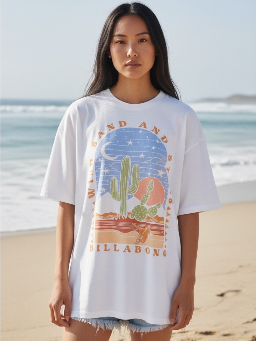 Billabong Sand and Stars Desert Graphic Tee Cactus Moon Longhorn Size Medium